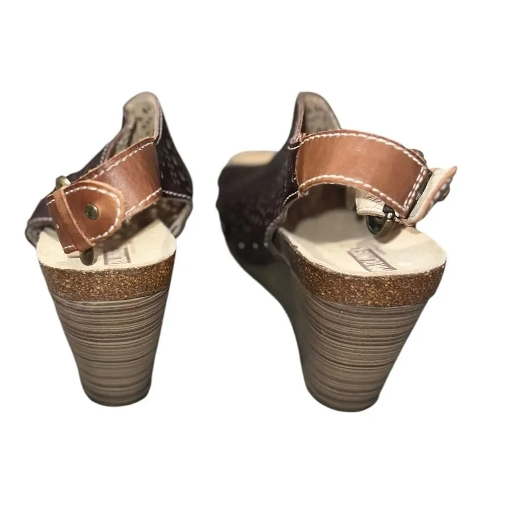 Pikolinos Brown Leather Wedge Sandals EU 39 Perforated Slingback Comfort Shoes